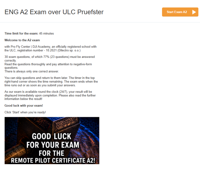 IN ENGLISH: A2 EU-Drone Pilot Certificate ONLINE (Training and 24/7 Online exam)